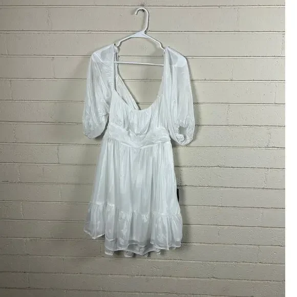 Lulus Ethereal Arrival White Puff Sleeve Tie-Back Chiffon Dress size XL NWT - Picture 8 of 14